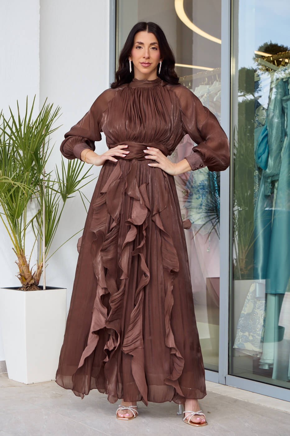 GA-2150 Φόρεμα maxi με βολάν καφέ