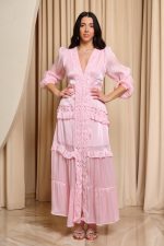 Φόρεμα maxi με V ντεκολτέ και κεντήματα baby pink