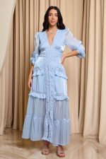 Φόρεμα maxi με V ντεκολτέ και κεντήματα baby blue - Image 2