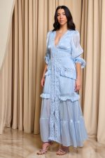 Φόρεμα maxi με V ντεκολτέ και κεντήματα baby blue - Image 3