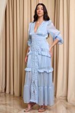 Φόρεμα maxi με V ντεκολτέ και κεντήματα baby blue - Image 4