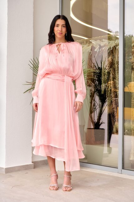 Φόρεμα midi σατινέ baby pink