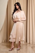 Φόρεμα midi σατινέ μπεζ - Image 4