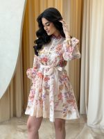 Φόρεμα mini floral με κουμπιά κόσμημα και στρας εκρού - Image 4