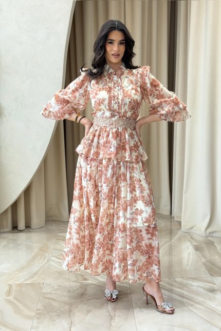Φόρεμα maxi floral με αποσπώμενη ζώνη εκρού