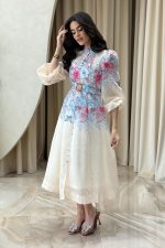 Φόρεμα midi με floral σχέδιο και ζώνη γαλάζιο - Image 3