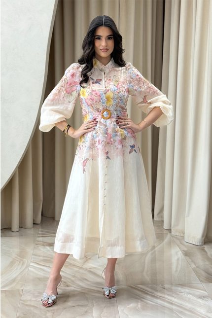 Φόρεμα midi με floral σχέδιο και ζώνη εκρού