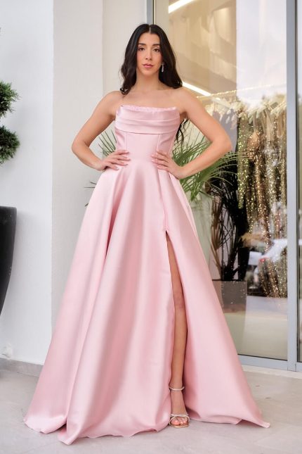 Φόρεμα maxi ταφτάς με διακοσμημένο μπούστο baby pink