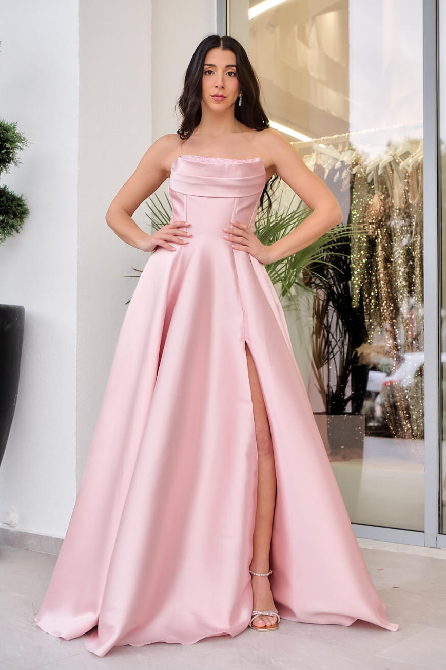 Φόρεμα maxi ταφτάς με διακοσμημένο μπούστο baby pink