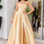 Φόρεμα maxi ταφτάς με διακοσμημένο μπούστο κίτρινο