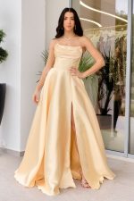 Φόρεμα maxi ταφτάς με διακοσμημένο μπούστο κίτρινο