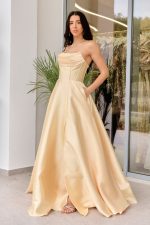 Φόρεμα maxi ταφτάς με διακοσμημένο μπούστο κίτρινο - Image 3