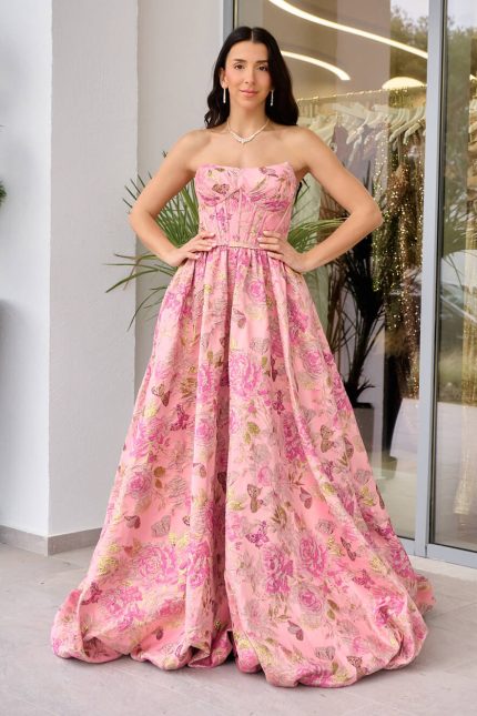 Φόρεμα maxi μπροκάρ balloon στράπλες ροζ