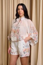 Σετ μπλούζα - σορτς με floral μοτίβο εκρού - Image 3