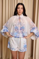 Σετ μπλούζα - σορτς με floral μοτίβο γαλάζιο - Image 3