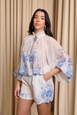 Σετ μπλούζα - σορτς με floral μοτίβο γαλάζιο - Image 4