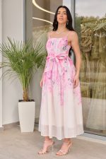 Φόρεμα maxi με floral μοτίβο και ζώνη ροζ - Image 4