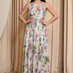 Φόρεμα maxi floral με halter λαιμόκοψη εκρού