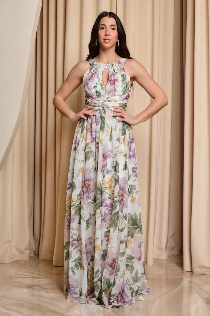 Φόρεμα maxi floral με halter λαιμόκοψη εκρού