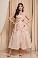 Φόρεμα midi floral με ζώνη μπεζ