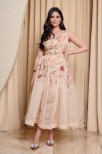 Φόρεμα midi floral με ζώνη μπεζ - Image 2