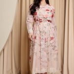 Φόρεμα midi floral με λεπτομέρεια δαντέλα μπεζ