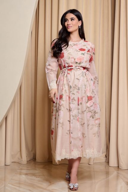 Φόρεμα midi floral με λεπτομέρεια δαντέλα μπεζ
