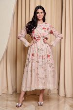 Φόρεμα midi floral με λεπτομέρεια δαντέλα μπεζ - Image 2