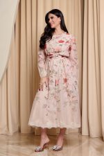 Φόρεμα midi floral με λεπτομέρεια δαντέλα μπεζ - Image 3