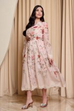 Φόρεμα midi floral με λεπτομέρεια δαντέλα μπεζ - Image 4