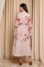 Φόρεμα midi floral με λεπτομέρεια δαντέλα μπεζ - Image 5