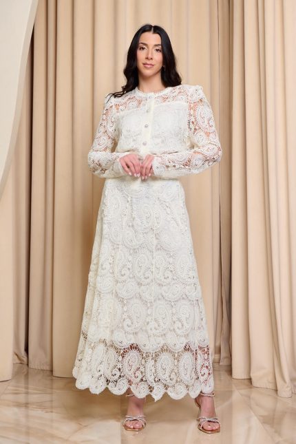 Σετ πουκάμισο - φούστα με δαντέλα και πέρλες μπεζ