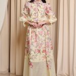 Σετ πουκάμισο - φούστα floral με δαντέλα και κουμπιά κόσμημα κίτρινο