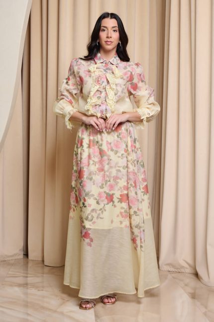 Σετ πουκάμισο - φούστα floral με δαντέλα και κουμπιά κόσμημα κίτρινο