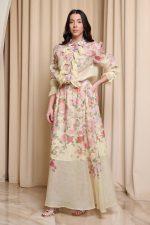 Σετ πουκάμισο - φούστα floral με δαντέλα και κουμπιά κόσμημα κίτρινο - Image 3