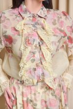 Σετ πουκάμισο - φούστα floral με δαντέλα και κουμπιά κόσμημα κίτρινο - Image 6