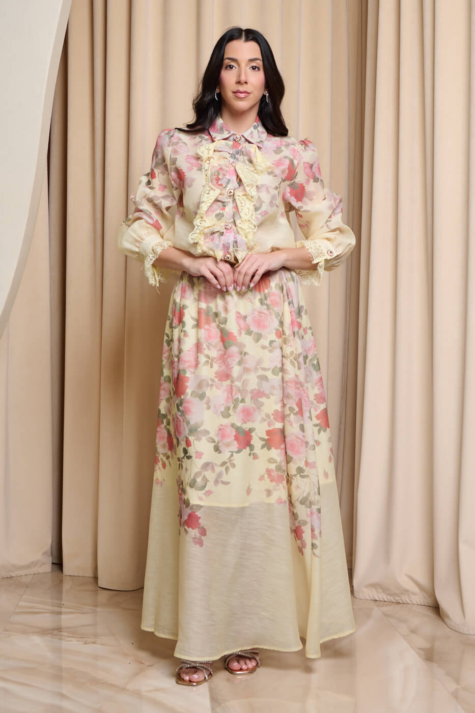 Σετ πουκάμισο - φούστα floral με δαντέλα και κουμπιά κόσμημα κίτρινο