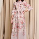 Σετ πουκάμισο - φούστα floral με δαντέλα και κουμπιά κόσμημα μπεζ