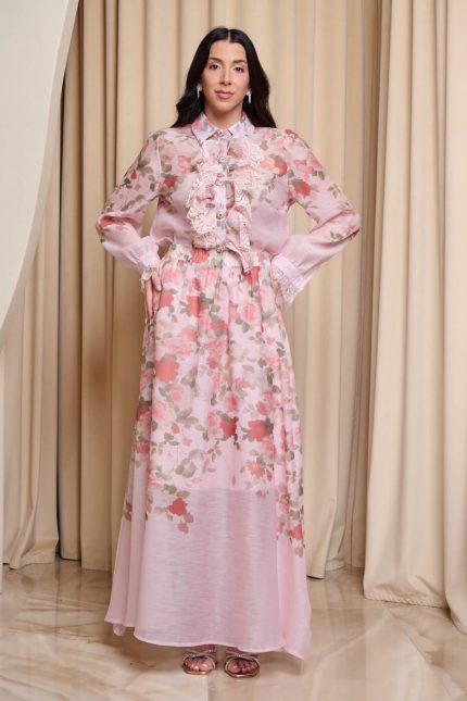 Σετ πουκάμισο - φούστα floral με δαντέλα και κουμπιά κόσμημα ροζ