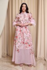 Σετ πουκάμισο - φούστα floral με δαντέλα και κουμπιά κόσμημα ροζ - Image 2