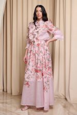 Σετ πουκάμισο - φούστα floral με δαντέλα και κουμπιά κόσμημα ροζ - Image 3