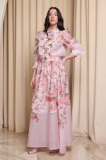 Σετ πουκάμισο - φούστα floral με δαντέλα και κουμπιά κόσμημα ροζ - Image 4