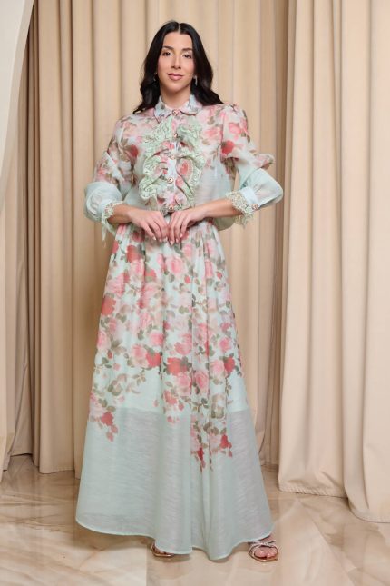 Σετ πουκάμισο - φούστα floral με δαντέλα και κουμπιά κόσμημα μέντα