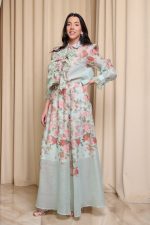 Σετ πουκάμισο - φούστα floral με δαντέλα και κουμπιά κόσμημα μέντα - Image 4