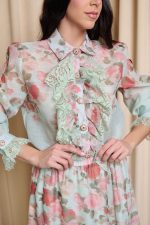 Σετ πουκάμισο - φούστα floral με δαντέλα και κουμπιά κόσμημα μέντα - Image 6