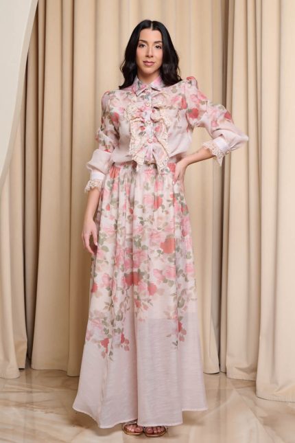 Σετ πουκάμισο - φούστα floral με δαντέλα και κουμπιά κόσμημα μπεζ