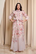 Σετ πουκάμισο - φούστα floral με δαντέλα και κουμπιά κόσμημα μπεζ - Image 2