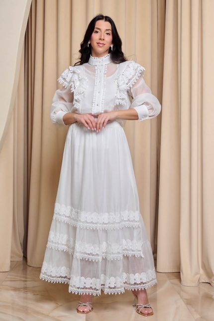 Σετ πουκάμισο - φούστα με βολάν και δαντέλα άσπρο