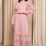 Σετ πουκάμισο - φούστα με βολάν και δαντέλα ροζ