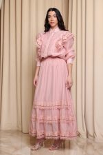 Σετ πουκάμισο - φούστα με βολάν και  δαντέλα ροζ - Image 3